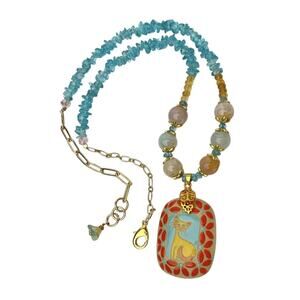 Artisan Golem Design Pendant Necklace Ceramic Cat Blue Bead Chain Gold Tone